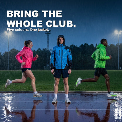 Three runners on a wet track in three reveal colours