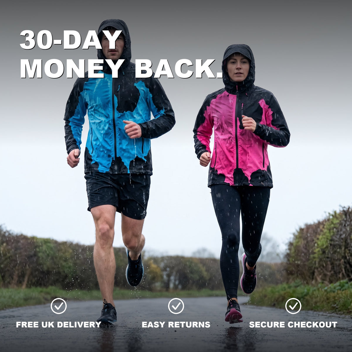 Two runners in the rain - 30 day money back guarantee