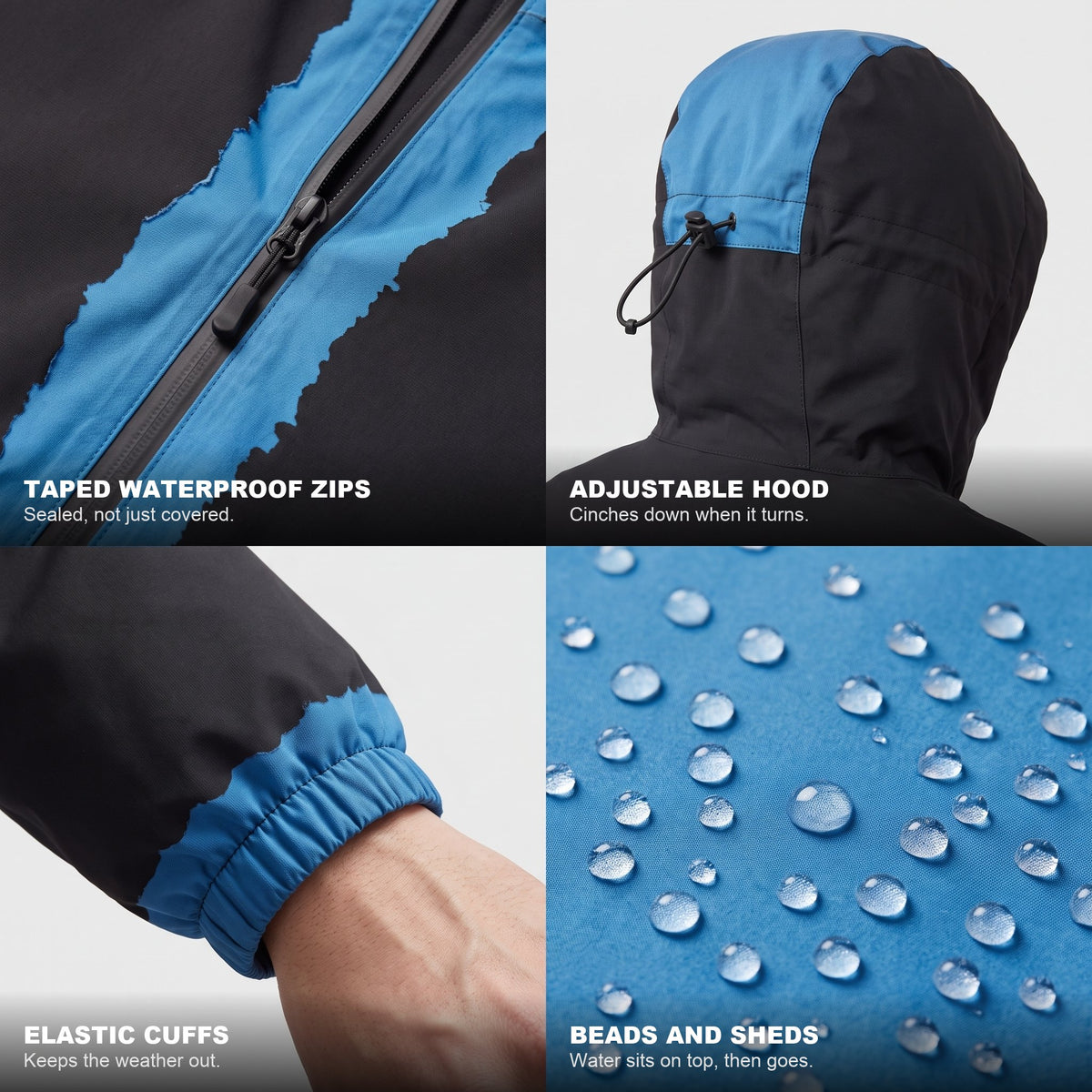 Zip, hood, cuff and water-beading details