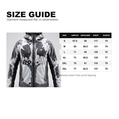 Size guide with garment measurements in cm