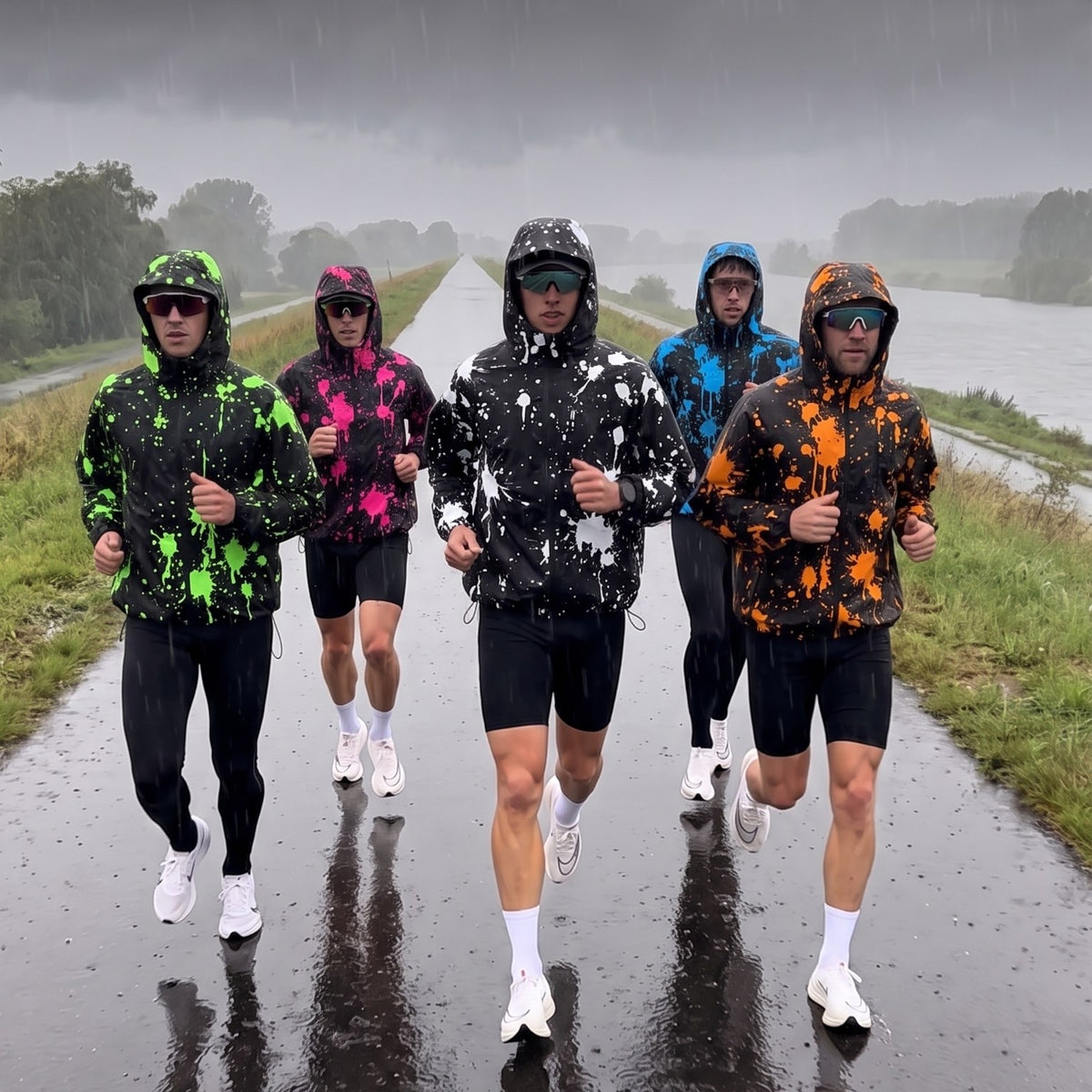Group of five runners in the rain, jackets in several colours